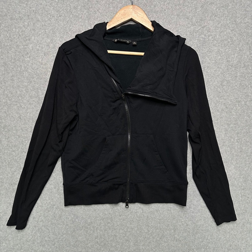 Athleta Women Black Asymmetrical Moto Full Zip Hoodie Jacket Size M Ribbed Panel